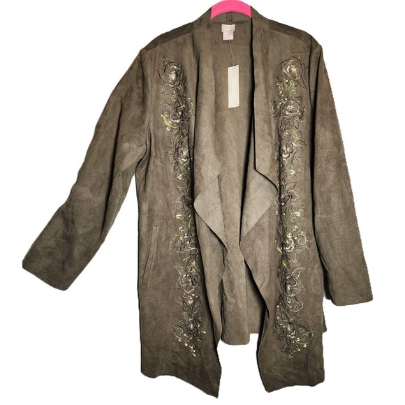 Chicos Jacket Womens 2 12/14 Moss Green Faux Suede Open Embroidered NWT Drape - Picture 1 of 14
